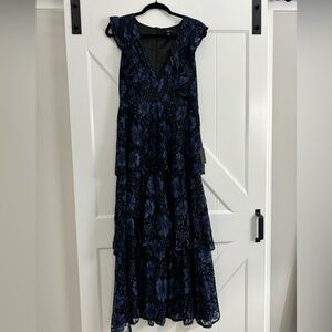 Lulus Molinetto navy blue lace, ruffled, tiered, sleeveless maxi dress